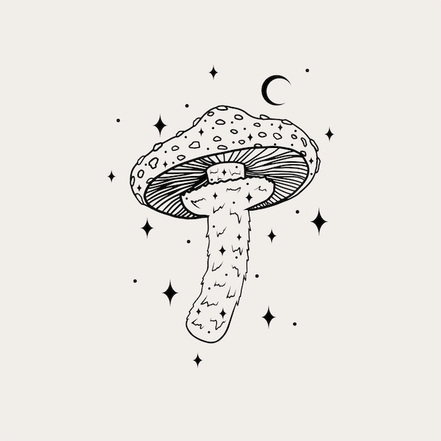 Line art magical mushrooms. Black line vector art.