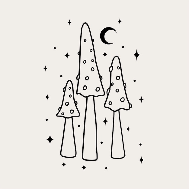 Line art magical mushrooms. Black line vector art.