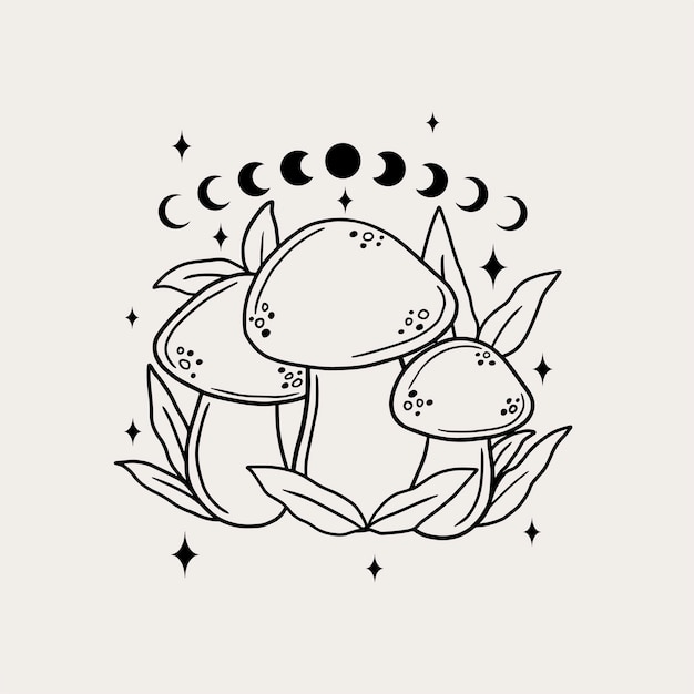 Line art magical mushrooms. Black line vector art.