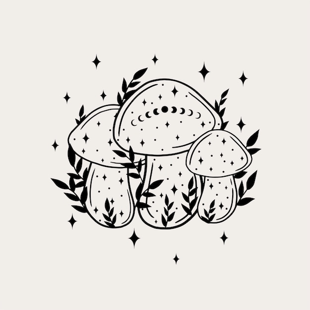 Line art magical mushrooms. Black line vector art.