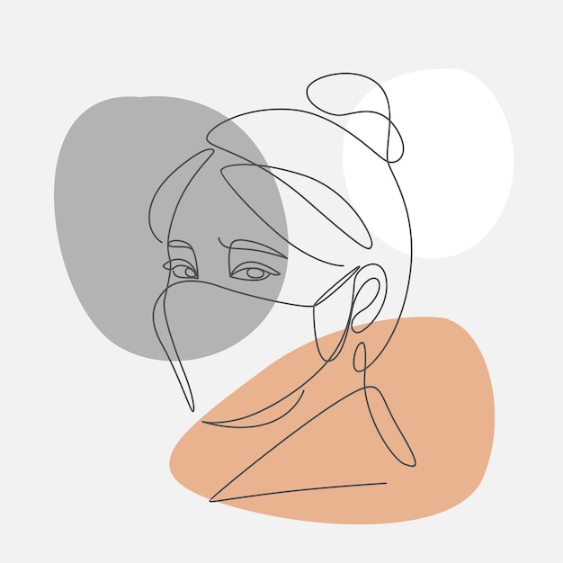 Line art of portrait of a beautiful woman wearing a mask.