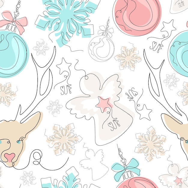 Line art Seamless Christmas Pattern. Christmas tree Toys. Continuous one Line drawing.