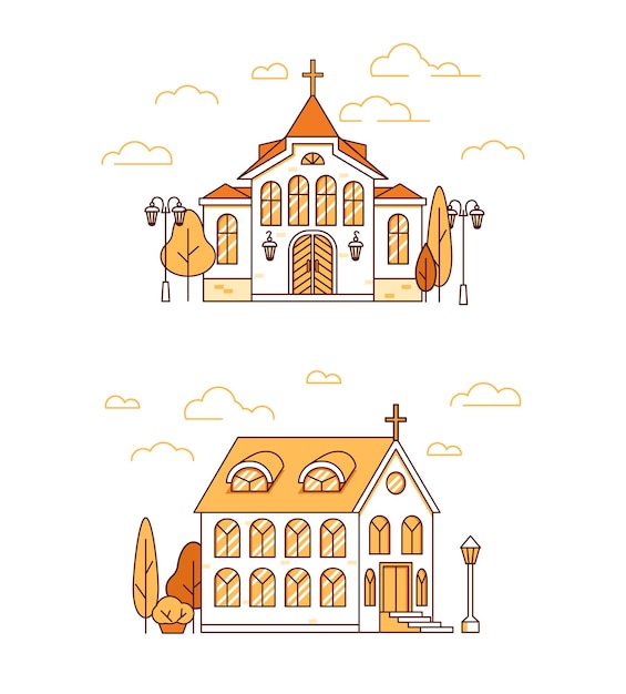 Line art set of houses christian churches with trees and lanterns