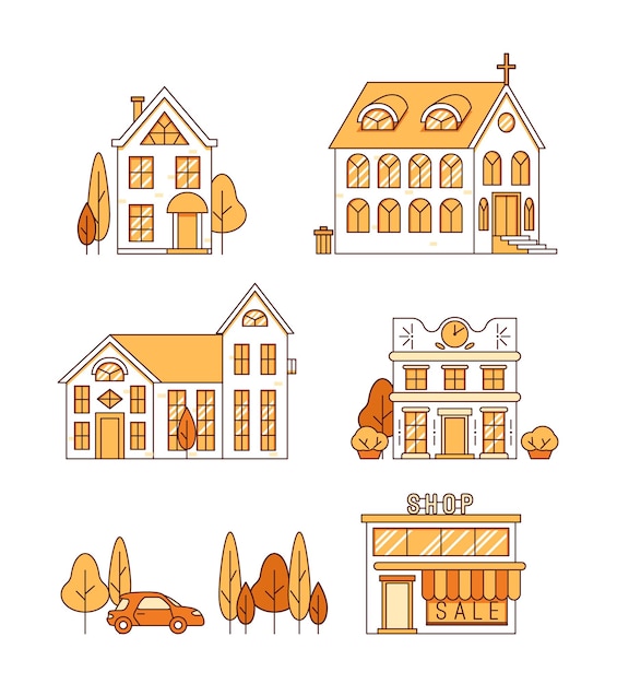 Line art set of houses church and shop cityscape concept vector