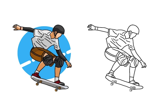 line art of skate boarding player illustrations for kids learning to color eps file