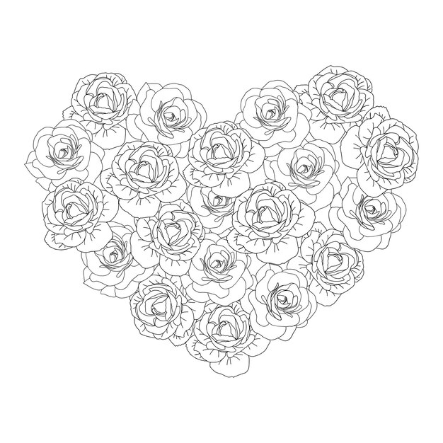 Line art spring camellia flower hearts background hand drawn floral elements for Valentines day Vector illustrations for card or invitations coloring book