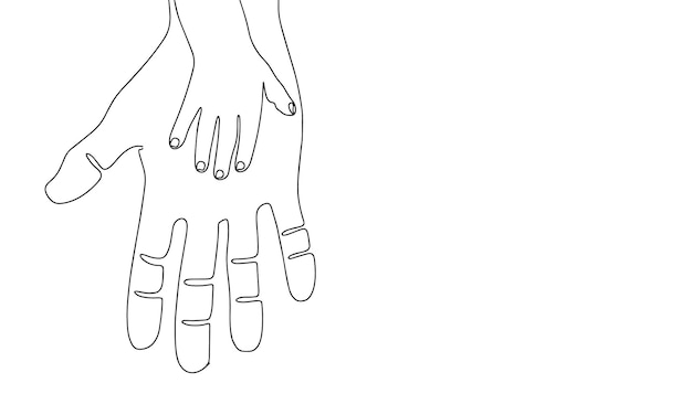 Line art two hands adult and child. Outline one continuous line. Baby hand on father's hand.