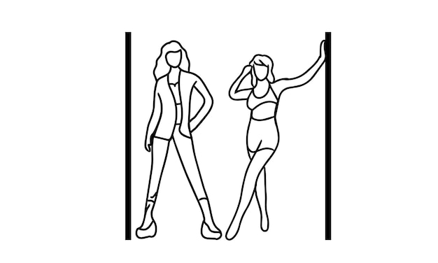 Line art two women posing fashion vector illustration