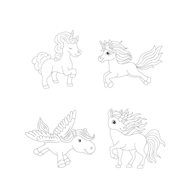 Line art unicorn set kids illustration for  Children coloring book