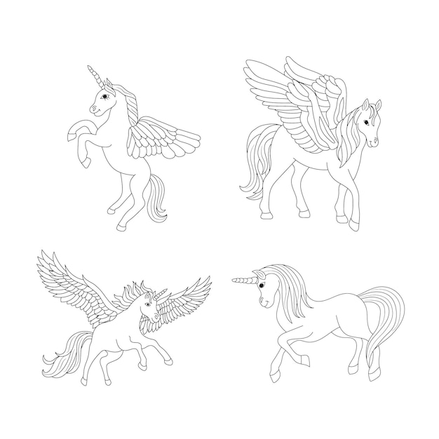 Line art unicorn set kids illustration for  Children coloring book