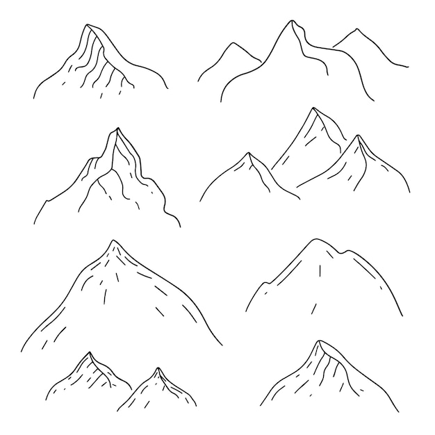 Line art vector collection mountains on white backdrop Hand drawn sketch style