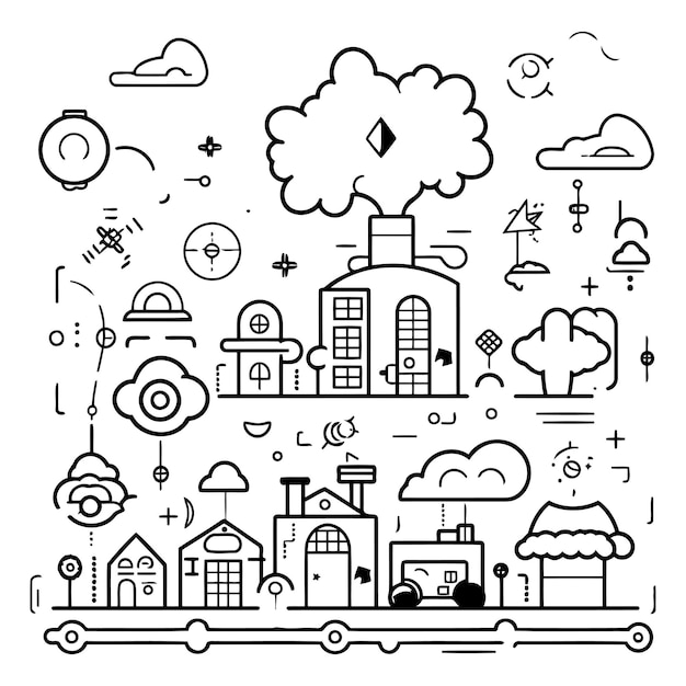 Line art vector illustration of a city with buildings houses trees and clouds