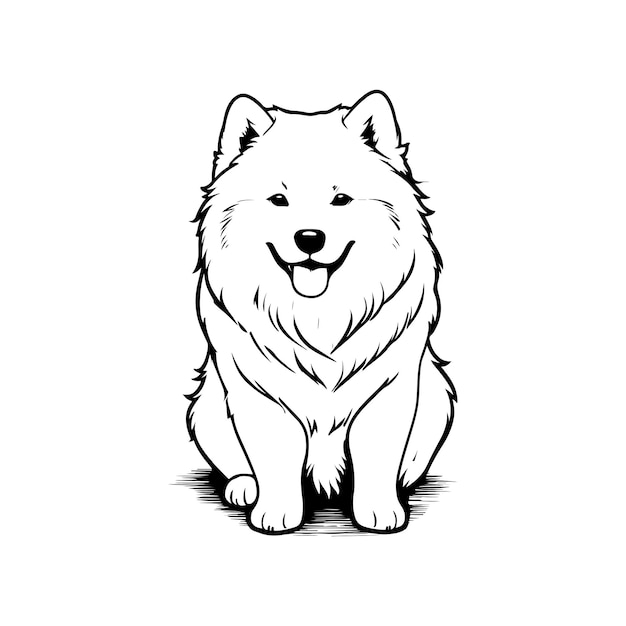 A line art vector illustration of a Samoyed dog with intricate and precise details