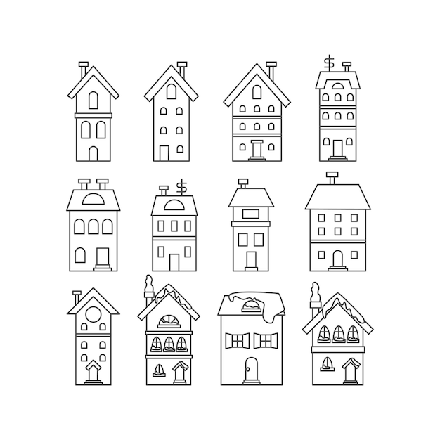 Line Art Winter Houses Set