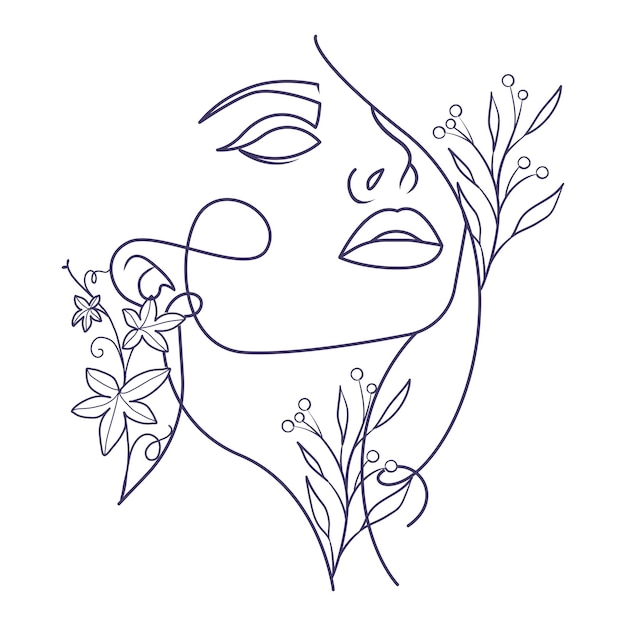 Line art woman portrait poster, minimal drawing female flower print