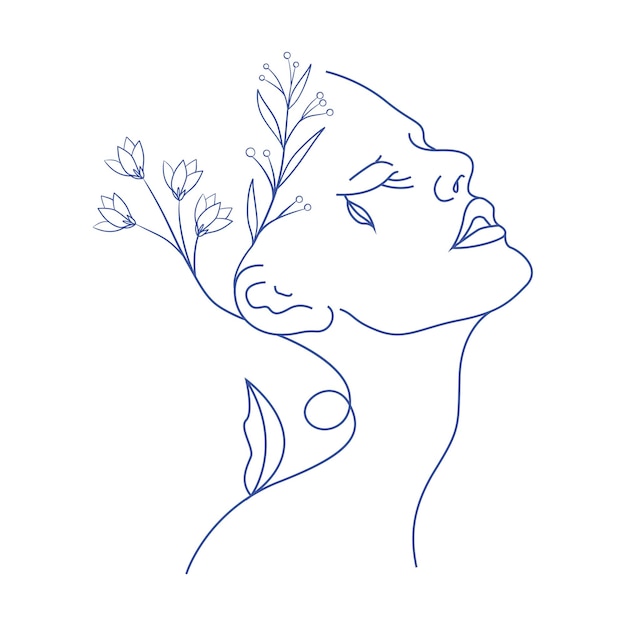 Line art woman portrait poster, minimal drawing female flower print