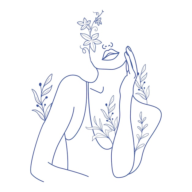 Line art woman portrait poster, minimal drawing female flower print