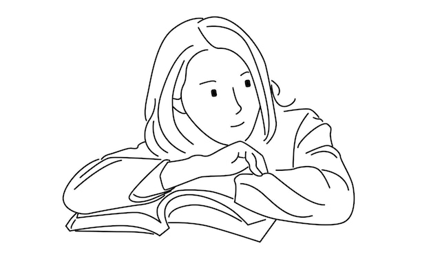 line art of woman reading book