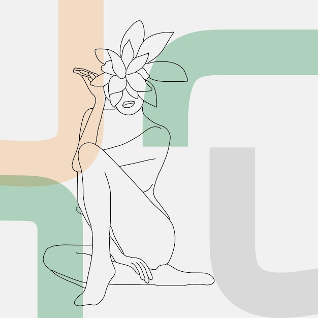 Vector line art woman with flowers. head of flowers line drawing. flower woman vector. minimal abstract