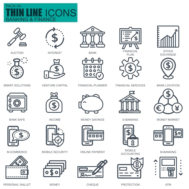 Line banking and finance icons