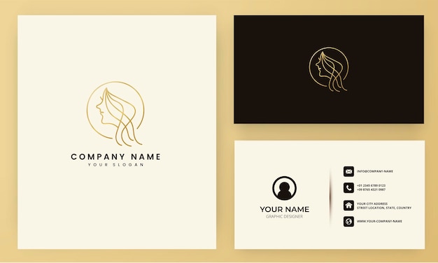 Line beauty face leaves logo design with business card template