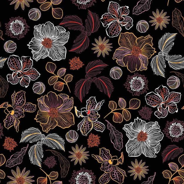 Line blooming hand drawn sketch in many kind of flowers Botanical plants seamless pattern