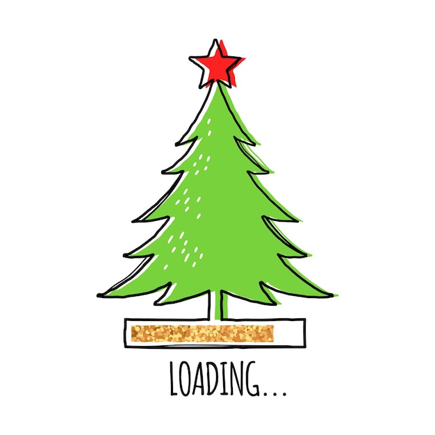 Line christmas tree with red star on top and golden loading bar