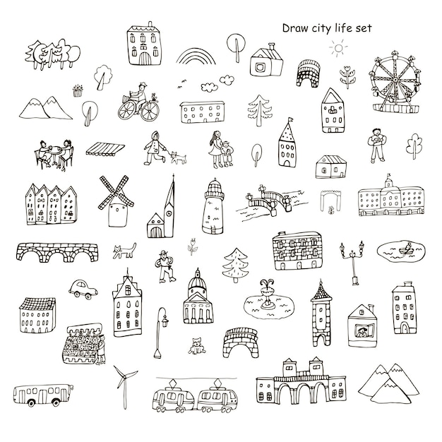 Line city buildings and objects illustrations vector doodle set