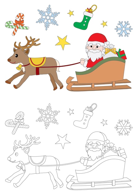 Line for coloring of Santa Claus and reindeer of Christmas.