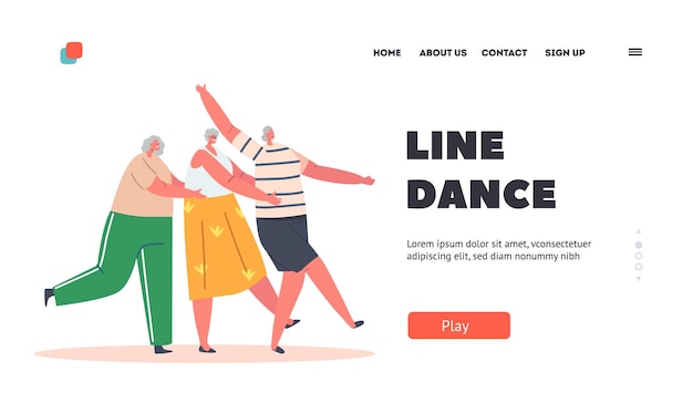 Line Dance Landing Page Template Old Girlfriends Dance Conga Senior Women Stand in Row Hold Each Other Elderly People Sparetime Grandmothers Characters Leisure Cartoon People Vector Illustration