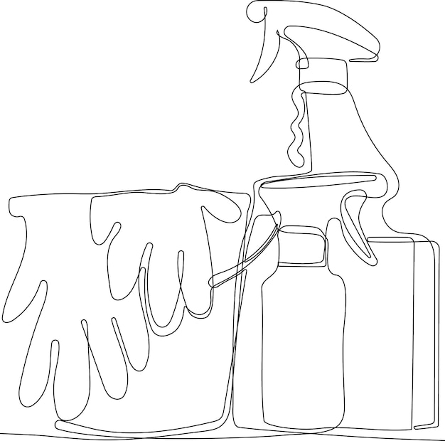 A line drawing of a bottle of cleaning products.