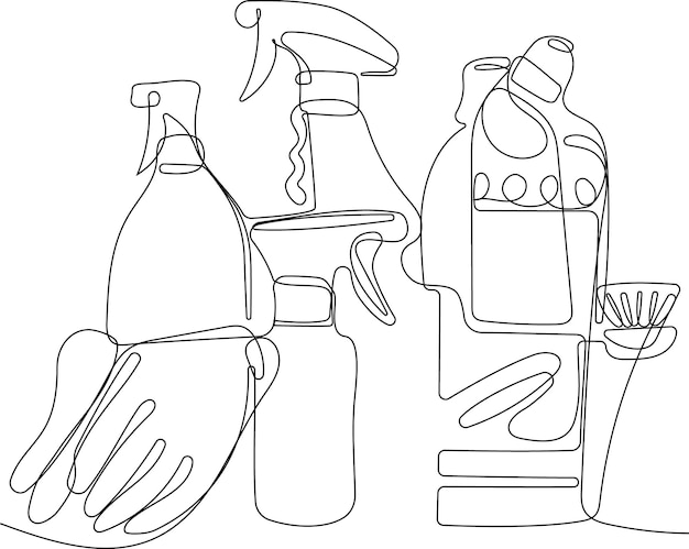 A line drawing of cleaning products including a bottle of cleaner.