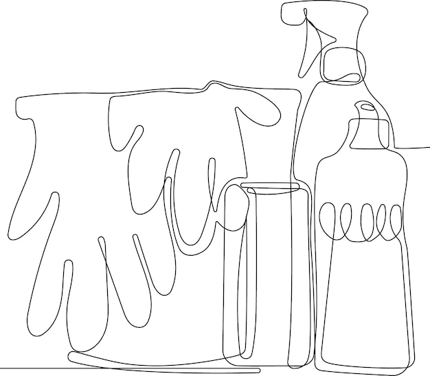 A line drawing of cleaning products including a bottle of gloves.