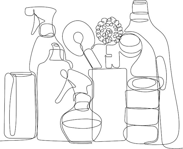 A line drawing of cleaning products including a spray bottle and a bottle of spray.