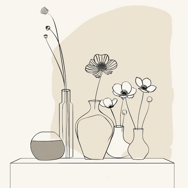 Vector line drawing of flowers in vases on a shelf