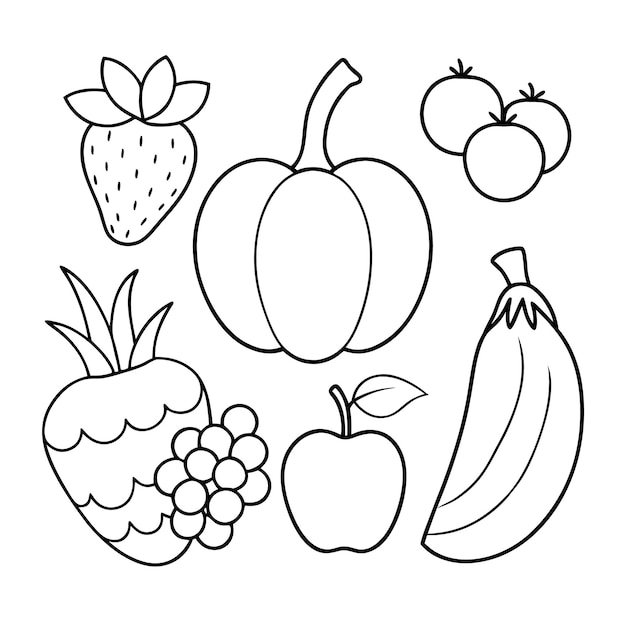 A line drawing of fruits and vegetables for coloring book