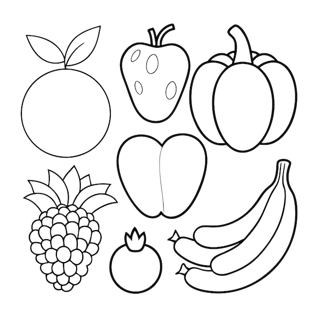 A line drawing of fruits and vegetables for coloring book