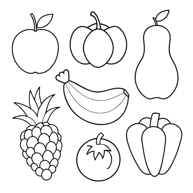 A line drawing of fruits and vegetables for coloring book