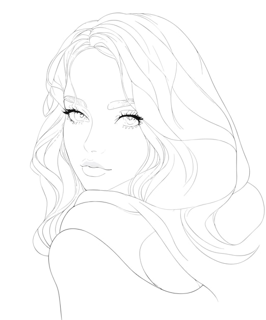 A line drawing of a girl with long hair and a long hair