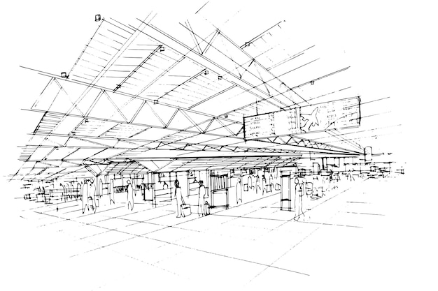 Line drawing hallway at the airportSketches of people traveling in an international airportModern designvector2d illustration