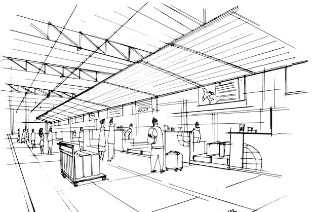 Line drawing hallway at the airportSketches of people traveling in an international airportModern designvector2d illustration