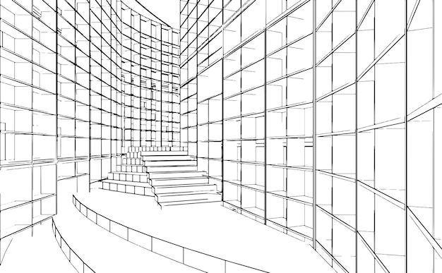 Vector line drawing of a large bookshelf structure in a bookstore3d rendering