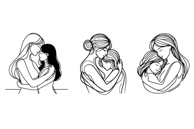 Line drawing of mother is hugging her daughter Set