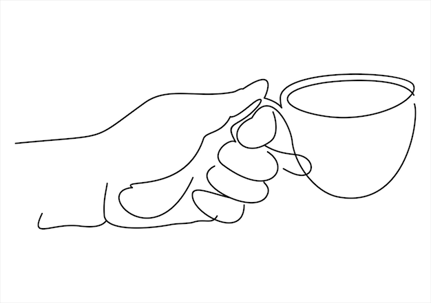 line drawing of one hands holding a coffee cup. Hand give gesture.