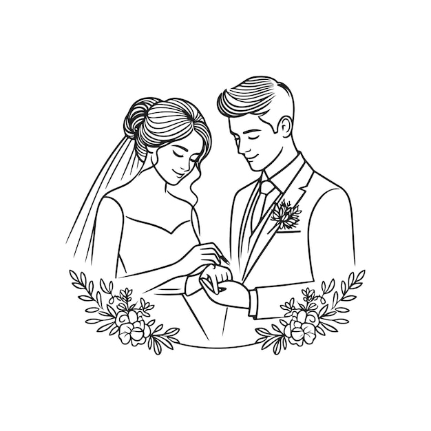 line drawing romantic wedding couple one line art love vector illustration