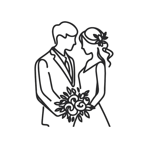 line drawing romantic wedding couple one line art love vector illustration