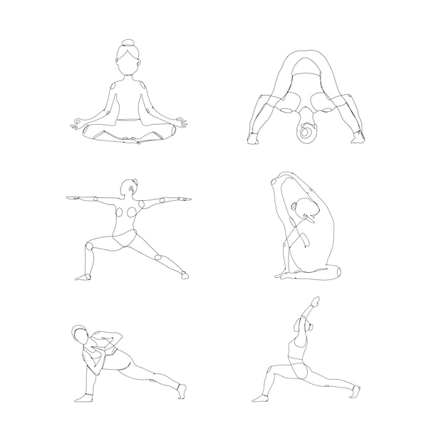 Line drawing set of women exercising yoga vector illustration