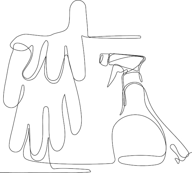 A line drawing of a spray bottle and a spray bottle of cleaning products