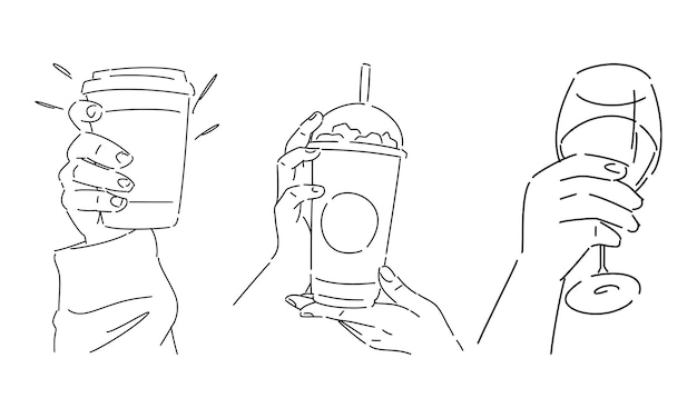 A line drawing of three hands holding different drinks.