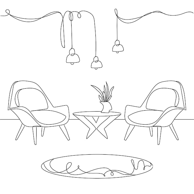 Line drawing of two modern armchairs and coffee table with vase with flowers.